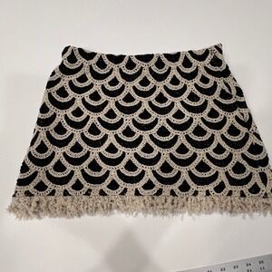 Mango MNG Crochet Scallop Mini Skirt Black Cream Fringe Boho Festival Size M